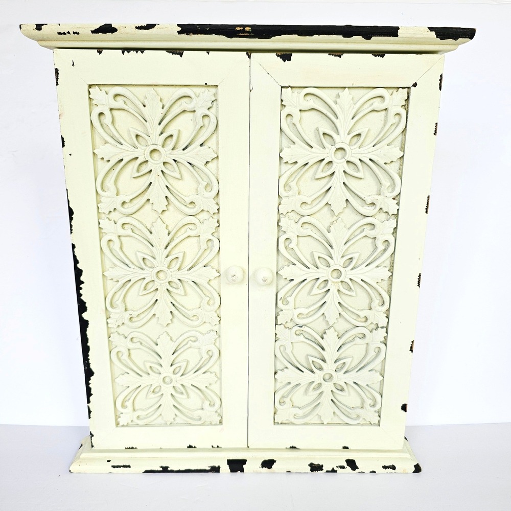 Vintage Distressed Wood Wall Cabinet Picture Frame Carved Doors Cork Board 15"